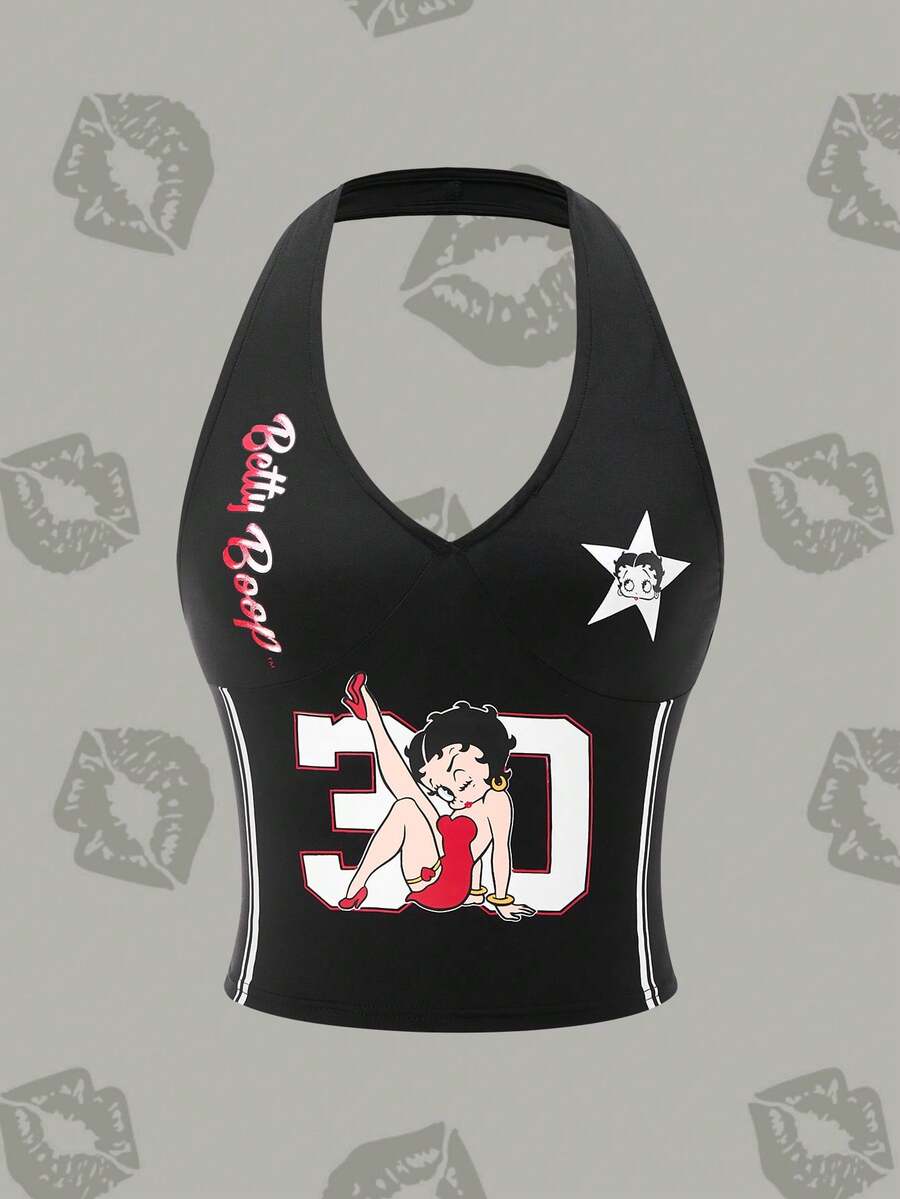 Betty Boop x SHEIN 女士性感时尚街头运动卡通人物和数字字母印花撞色条纹侧开背吊带上衣，夏季 - 黑色 - 查看 1