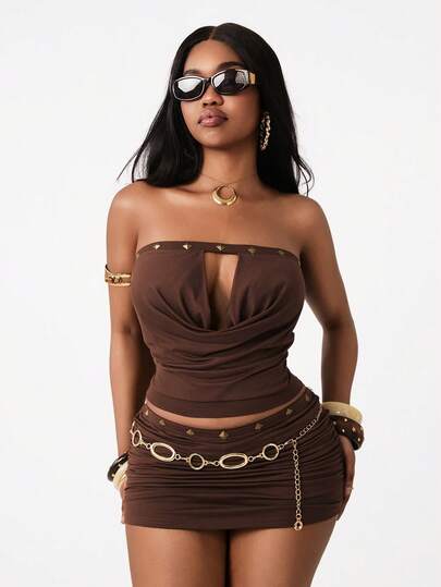 Coolane Women's Spring/Summer Streetwear Going Out Vacation Outfits Boho Vintage Chic Stretchy Comfortable Tube Top And Metal Decoration Tight Bodycon Brown Skirt Two Pieces Outfits