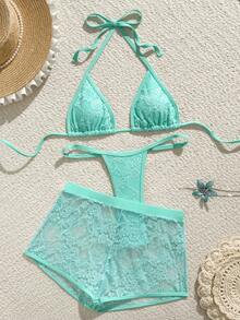 Swim SXY 3pcs/Set Lace Halter Top, Thong Panty, And Short Cover-Up Swimwear Set For Women, Spring/Summer - Mint Green - View 3