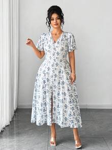 Elenzga Chic Plus Size Women's Blue Random Floral Print Long A-Line Dress With V-Neck And Half Puff Sleeves - Blue - View 1
