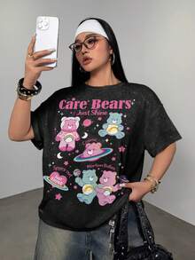 SHEIN X Care Bears Plus Size Cartoon Cute Print Short Sleeve Crew Neck T-Shirt, Versatile For Summer, Full Print - White - View 4
