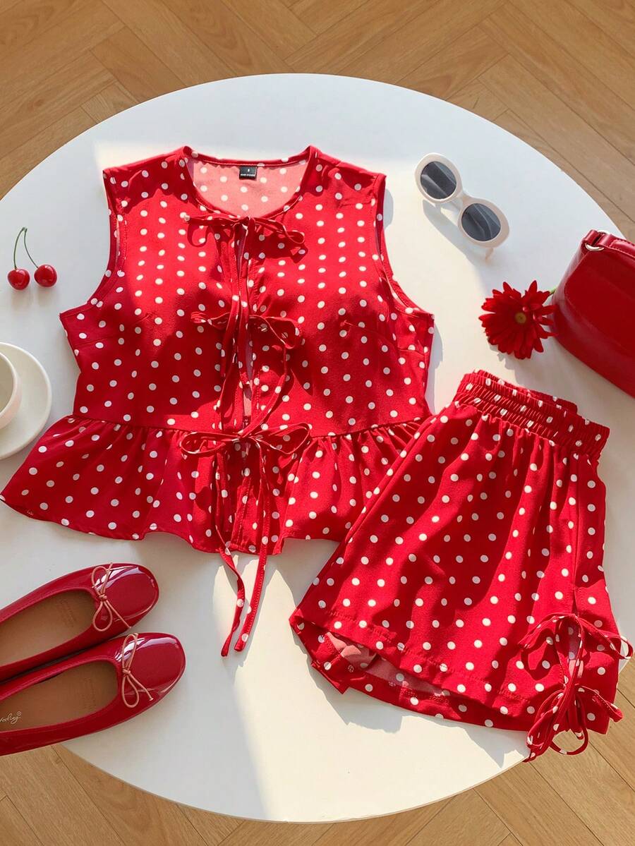 SHEIN EZwear 女士无袖波点领结两件套 - 紅色 - 查看 1