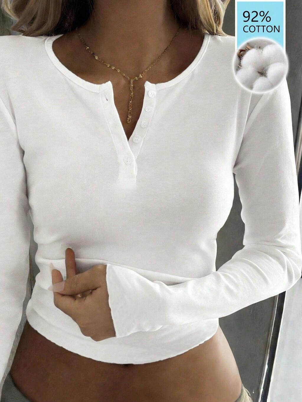 Damen Lässiges Alltags Langarm Figurbetontes T-Shirt mit Viertelknopfleiste, Herbst