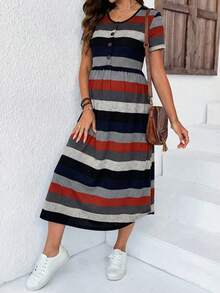 SHEIN Maternity Casual Striped Print Short Sleeve Dress - Multicolor - View 6
