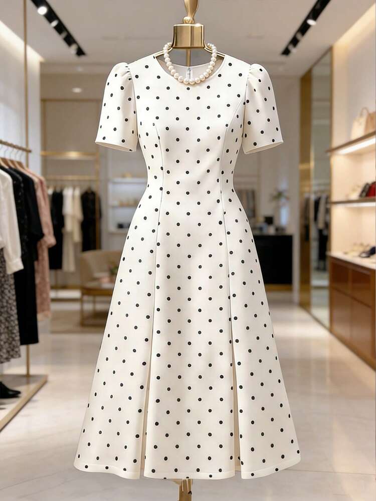 SHEIN Clasi Vestido de lujo de manga abullonada con lunares elegantes y retro para tallas grandes - Blanco y Negro - Añade 6