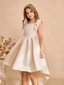Girls' Apricot Color Asymmetric Hem Dress With Bow Decor, Midi Length Children's Formal Wear Teen Girl Elegant Dress Beige Cocktail Dress For Tween Ivory Tween Dress Elegant Dress For Tweens Tween Champagne Easter Dress Elegant Spring Tween Dress Cream Dress For Girls Beige Formal Dress For Girl - Apricot - View 1