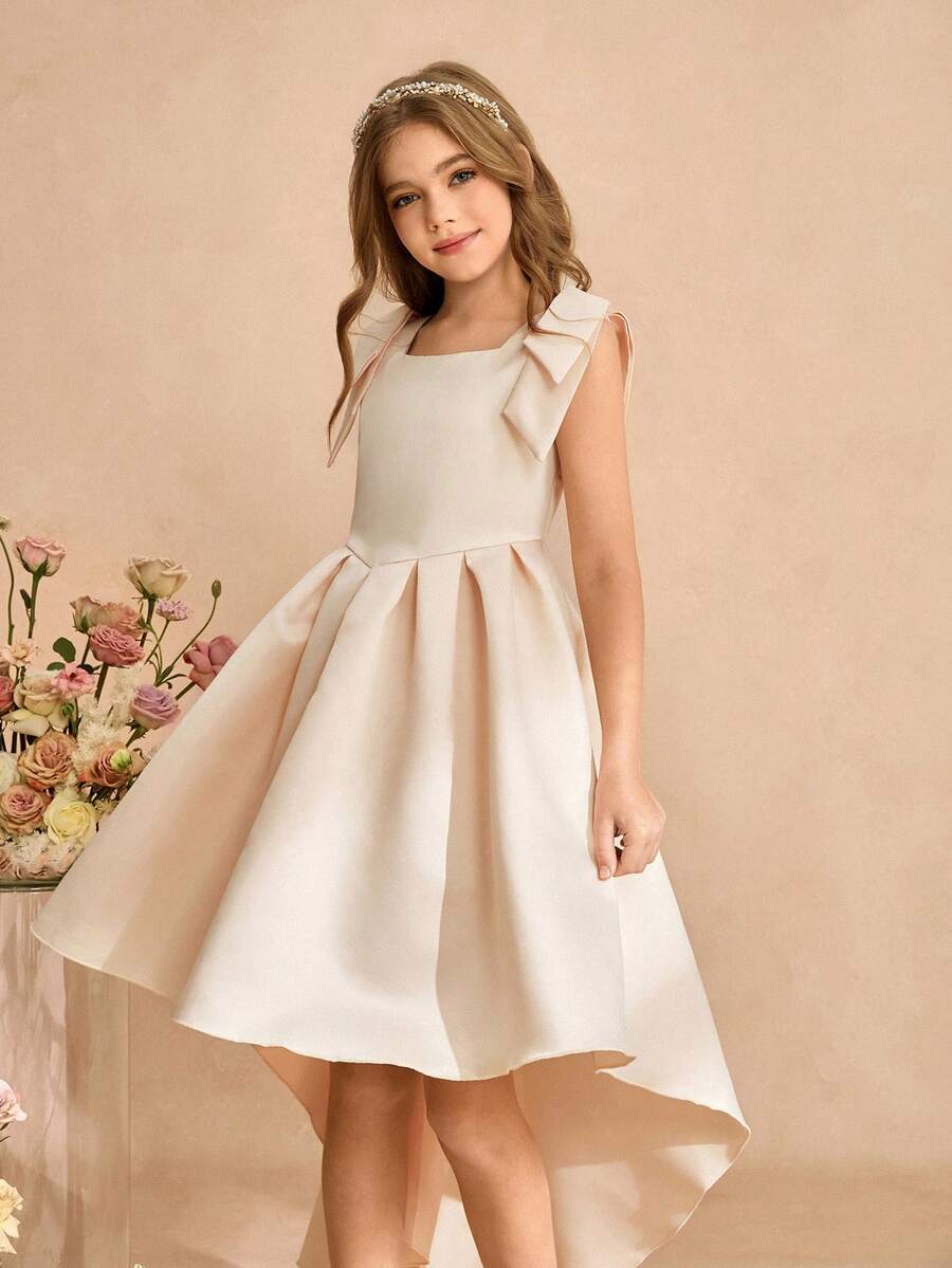 Girls' Apricot Color Asymmetric Hem Dress With Bow Decor, Midi Length Children's Formal Wear Teen Girl Elegant Dress Beige Cocktail Dress For Tween Ivory Tween Dress Elegant Dress For Tweens Tween Champagne Easter Dress Elegant Spring Tween Dress Cream Dress For Girls Beige Formal Dress For Girl - Apricot - View 1