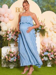 Loomaby Women's Light Blue Summer Elegant Baby Shower Maternity Dress,Plisse Ruffle Bandeau Gender Reveal Pregnancy Dresses For Photoshoot Wedding Guest - Blue - View 6