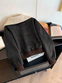 Franclia 大码女式棕色修身休闲宽松仿毛领皮夹克，适合秋冬季穿着 - 卡其色 - 查看 2