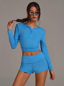 Athîral Women's Casual Blue Long Sleeved Slim Fit T-Shirt And Shorts Set,Soft Knitted Fabric,Suitable For Gym,Autumn,Aqua Blue Workout Outfits For Women - Blue - View 4