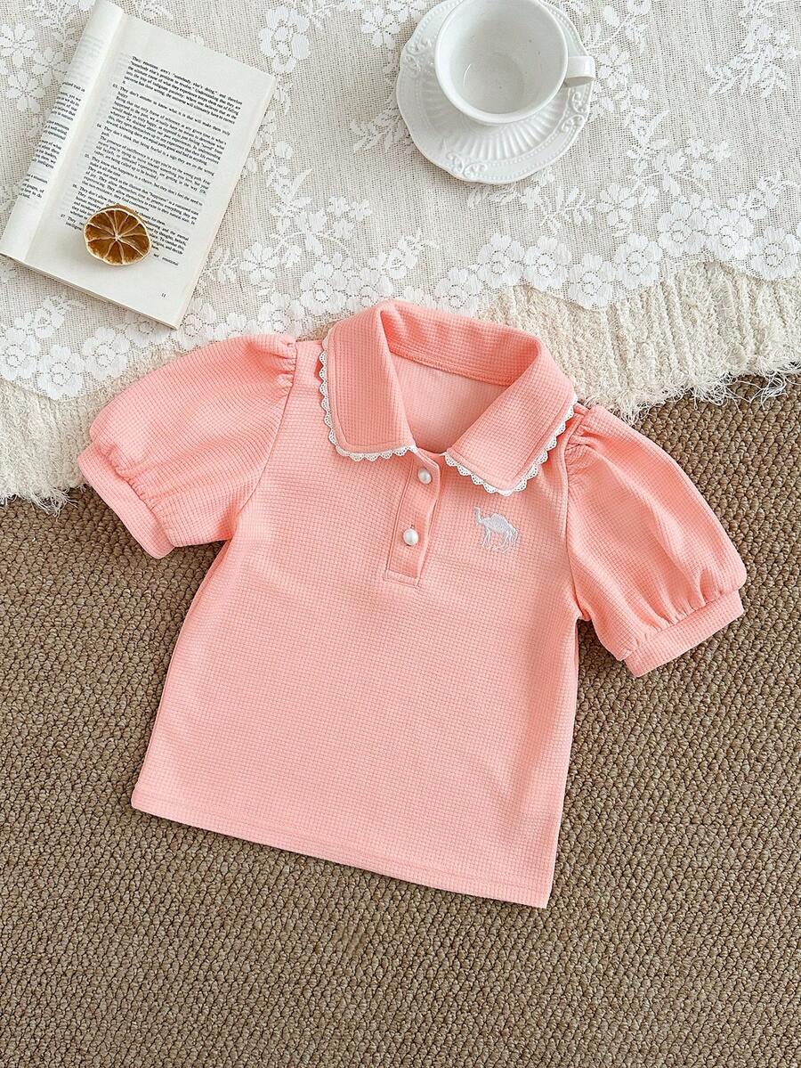 4Y-7Y Girls Casual Waffle Ruffle Collar Embroidered Camel Short Sleeve T-Shirt, Comfortable Soft Suitable For Spring/Summer Outdoor, Can Be Used As Gift - Pink - View 1