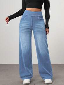 Flexra Women's Solid Color Minimalist Tummy Control Jeans, Everyday Wear - Blue - View 5