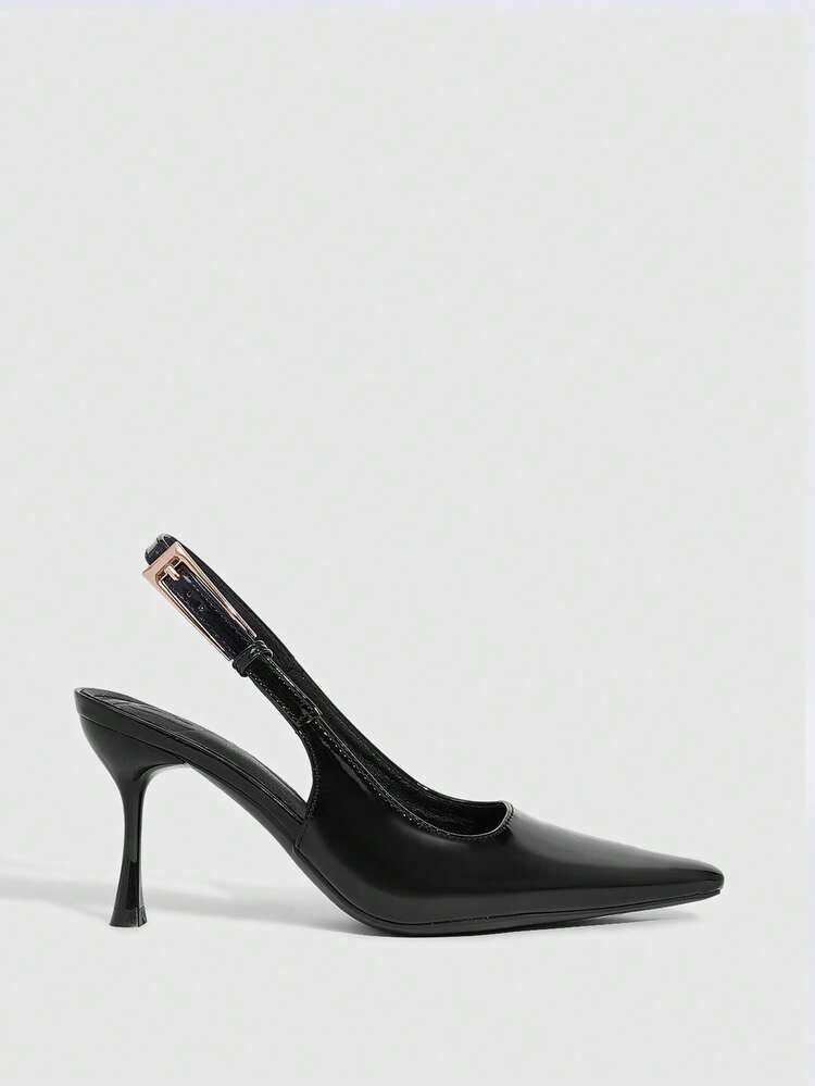 CUCCOO SZL Women's Pointed Toe Black Patent Leather Metal Buckle Ankle Strap Sexy Stiletto High Heel Pumps