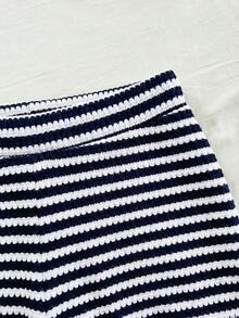 Soleia 2件組女款海軍藍白條紋綁帶抹胸上衣與高腰短褲套裝，夏季熱帶度假波西米亞沙灘兩件套 - 藏蓝色 - 查看 3