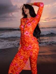 Swim Shayni 女士印花长袖拉链连体泳衣套装，含罩衫和裙子，度假款 - 橘色 - 查看 6