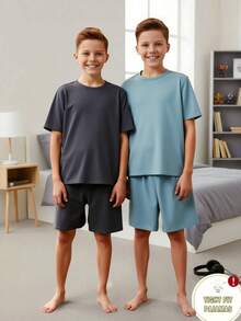 SHEIN 4件套青少年男童简约字母图案弹力腰纯色休闲家居服套装，舒适百搭，适合日常穿着、上学、郊游、户外运动、音乐节、节日派对、夏季海滩度假、春夏等场合。 - 彩色 - 查看 3