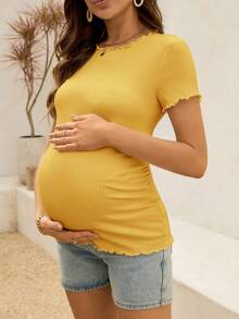 SHEIN 孕妇夏季白色罗纹荷叶边修身短袖上衣 - 黃色 - 查看 4