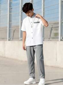 SHEIN Explorewe Bộ 2 món đồ mặc nhà kiểu học sinh thường ngày đơn giản dành cho nam thiếu niên, gồm áo sơ mi và quần trắng. - Xám - Xem 4