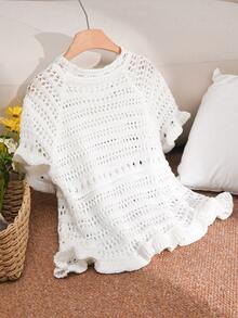 CosyJoli Plus Size Ruffled Hollow-Out Knitted Blouse - Beige - View 2