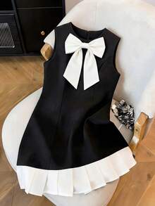 Lyxana Women's Fashionable Elegant Contrast Color Bow Sleeveless Dress - Multicolor - View 1