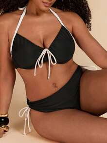 SHEIN BAE Plus Size Women's Summer Beach Color Block Halter Tie Sexy Bikini Swimwear Set Beach Outfits For Women - Black and White - View 5