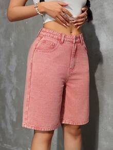 SHEIN EZwear Women's Summer Casual Slant Pocket Straight Leg Denim Shorts - Baby Pink - View 5