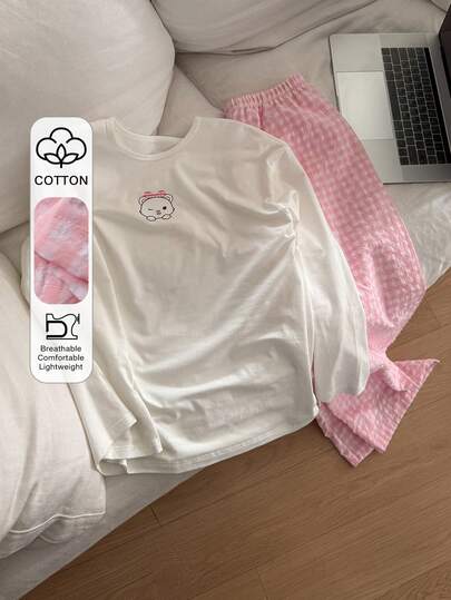 DAZY 2pcs Cat Pattern Loose Long Sleeve T-Shirt & Plaid Pants Pajama Set For Women, Autumn