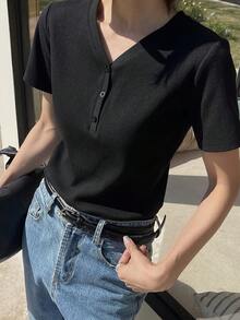 Livesso 女士宽松休闲商务办公街头风短袖黑色衬衫，春夏款 - 黑色 - 查看 2