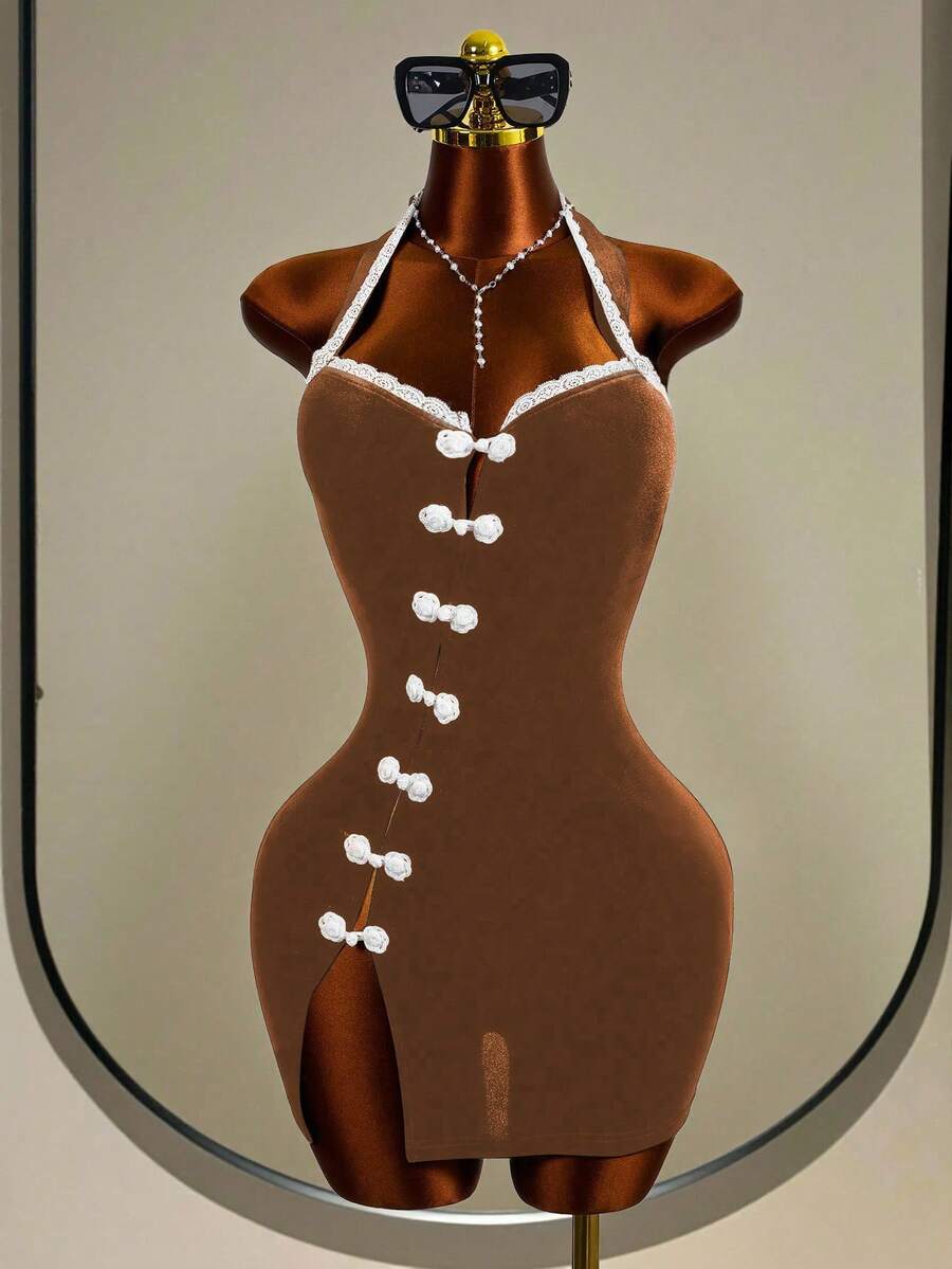 Mistrie Ladies' New Sexy Sleeveless Neckline Halter Top Cheongsam, With Backless Design, Sexy Girl Night Club Style, Sleeveless, Back-Opening, Slit Opening, Short Skirt, High-Waisted, Curvaceous Waist, Tight-Fitting Dress - Brown - View 1