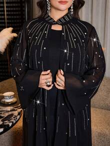 Modelyn Plus Size Women's Rhinestone Embellished Black Winter Elegant Formal Evening Chiffon Party Dress, Sleeveless Cardigan Two Pieces Set Fall - Black - View 5