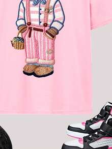 Tween Girls' Casual Cute Elegant Collegiate Style Pink Bear Print Loose Dropped Shoulder Short Sleeve T-Shirt, Suitable For Summer - Multicolor - View 6