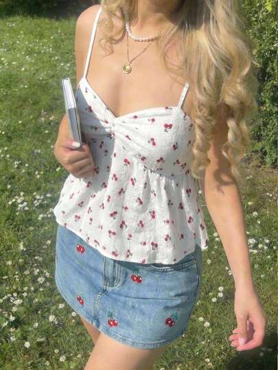 SHEIN MOD 休闲可爱樱桃印花吊带背心，夏季