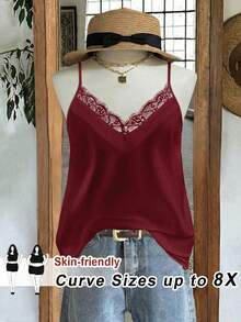 SHEIN CURVE+ Plus Size Solid Color Lace Patchwork Camisole, Going Out Tops - Burgundy - View 1