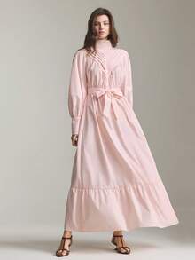 Ontre 2026新款早春粉色褶皱领腰蝴蝶结长裙，适合现代都市派对、返校季、婚礼、都市简约休闲日常穿着、波西米亚风、度假、节日、春季等场合。 - 粉色 - 查看 3