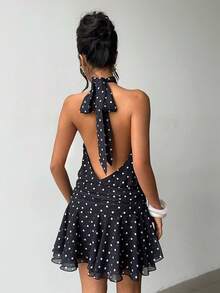 Aloruh Women's Halter Backless Tie Bow Polka Dot Chiffon Mini Dress, Black & White - Black and White - View 1