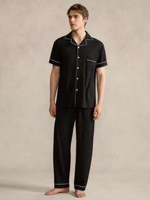 EverLounge Men's Pajama Set, Featuring A Collared Button-Down Style, Crafted In Solid Black With White Striped Trim Details On The Collar And Cuffs, Accented By White Buttons, Offering A Refined And Understated Look - Black - View 1