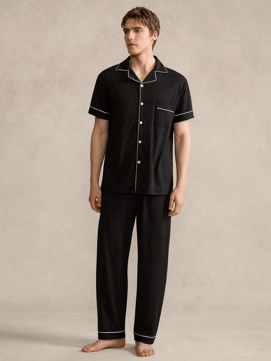 EverLounge Men's Pajama Set, Featuring A Collared Button-Down Style, Crafted In Solid Black With White Striped Trim Details On The Collar And Cuffs, Accented By White Buttons, Offering A Refined And Understated Look - Black - View 1