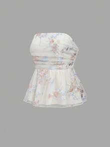 Qadelle Floral Embroidered Fabric Ruched Waist A-Line Camisole Top For Women, Romantic Vacation Style - Multicolor - View 8
