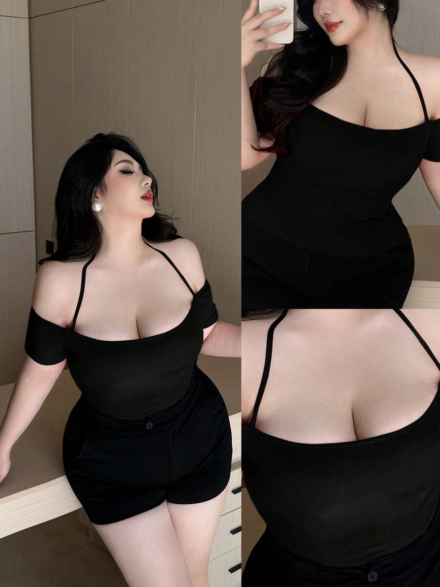 Vibekara 大码女式纯色修身露背性感短袖上衣 - 黑色 - 查看 1