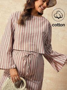 Boho Mama Maternity Two-Piece Cotton Set Colorful Striped Pullover Shirt With Slit Cuffs,Adjustable Elastic Waist Trousers,White,Autumn,Boho,Holiday Vacation - Multicolor - View 1