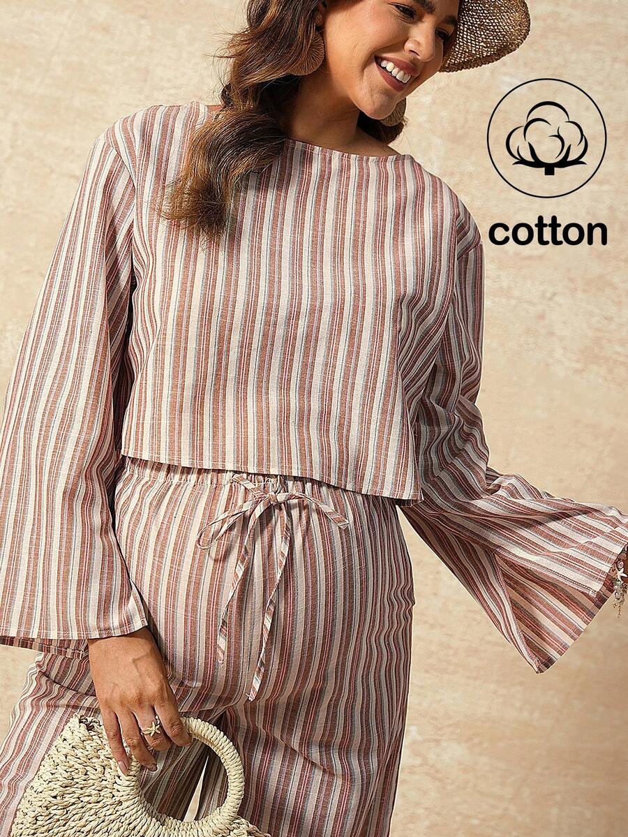 Boho Mama Maternity Two-Piece Cotton Set Colorful Striped Pullover Shirt With Slit Cuffs,Adjustable Elastic Waist Trousers,White,Autumn,Boho,Holiday Vacation - Multicolor - View 1