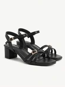 CUCCOO CHICEST Sandálias femininas elegantes com salto grosso, bico quadrado e tiras cruzadas com fivela de strass, ideais para uso diário e ocasiões especiais. - Preto - Ver 2