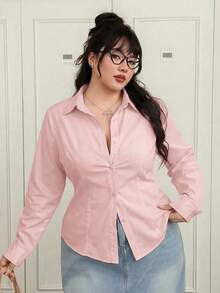 SHEIN CovetEZ 大码性感简约修身显腰白衬衫 - 粉色 - 查看 5