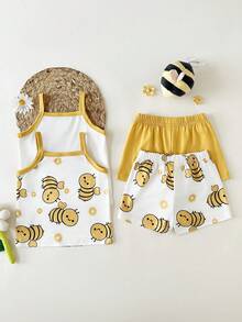 SHEIN Playful Pals 2件套女婴可爱卡通蜜蜂字母印花圆领吊带背心和短裤套装 - 黃色 - 查看 2