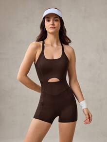 OutZeal Women Sports Black Jumpsuits Gym Workout Wear Summer Sweat Wicking Bra-In Cut-Out Back Knotted Romper - Brown - View 10