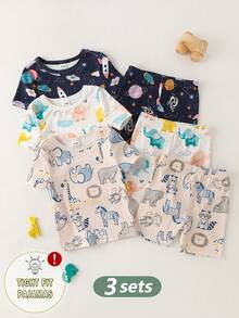 SHEIN GraphicGems Bộ 6 món đồ liền thân ngắn tay, cổ tròn, in hình hoạt hình, chất liệu mềm mại, thoải mái cho bé trai sơ sinh/trẻ nhỏ. - Nhiều màu - Xem 4