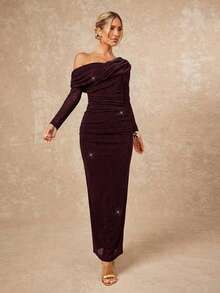 Lumalex 女士优雅派对亮片单肩连衣裙 - 酒紅色 - 查看 4