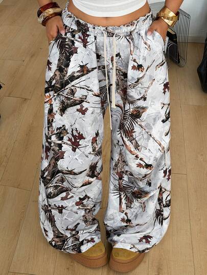 Coolane 大码女式树枝印花抽绳腰带口袋阔腿宽松裤