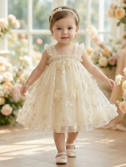 SHEIN 女婴纯色吊带立体花朵网纱A字连衣裙。精致可爱的3D花朵设计，经典时尚的A字廓形，适合各种体型的宝宝。无论是日常外出、居家休闲还是参加派对，都能让您的小公主成为最耀眼的焦点。也是妈妈们为宝宝挑选的理想时尚单品。