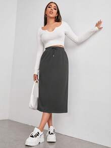SHEIN EZwear Bộ áo nỉ dệt kim và chân váy nữ kiểu dáng thường ngày, chân váy dài mùa xuân/hè, chân váy thể thao, chân váy midi màu xám, chân váy cạp chun, chân váy midi có dây rút, chân váy jogger, chân váy nữ, chân váy nữ. - Xám - Xem 5